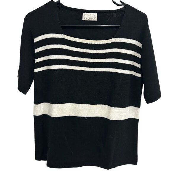 Designers Originals Black White Striped Short Sleeve Knit Top Size M Classic - Picture 1 of 8